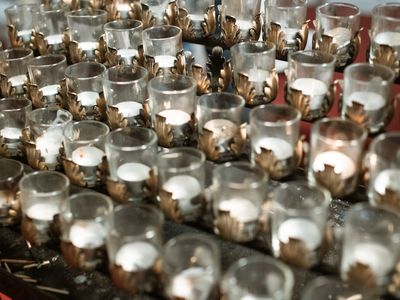 Candle light in a dimly lit practice room.